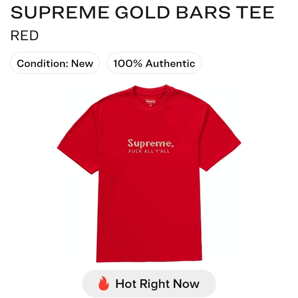 RARE 2019 SUPREME GOLD BARS TEE RED DS MEDIUM SS19